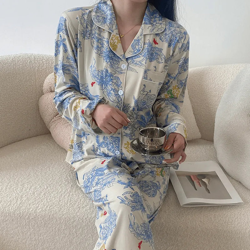 Pijama Feminino Mansion - Conjunto Luxo Calça e Camisa Longa Em Seda Gelo Premium | Toque De Seda Super Confortável