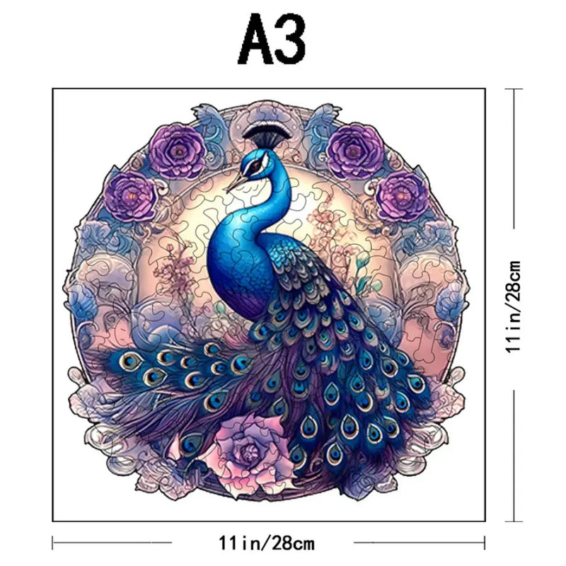 Quebra-Cabeça De Madeira Inova WOOD PUZZLE - Pavão Azul Florido | Diversão Com Diversos Benefícios Para Crianças e Idosos