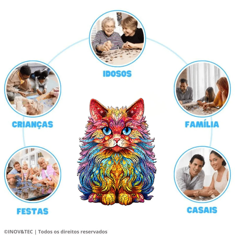 Quebra-Cabeça de Madeira Inova WOOD PUZZLE - Gato Persa Aquarela | Diversão com Diversos Benefícios para Crianças e Idosos