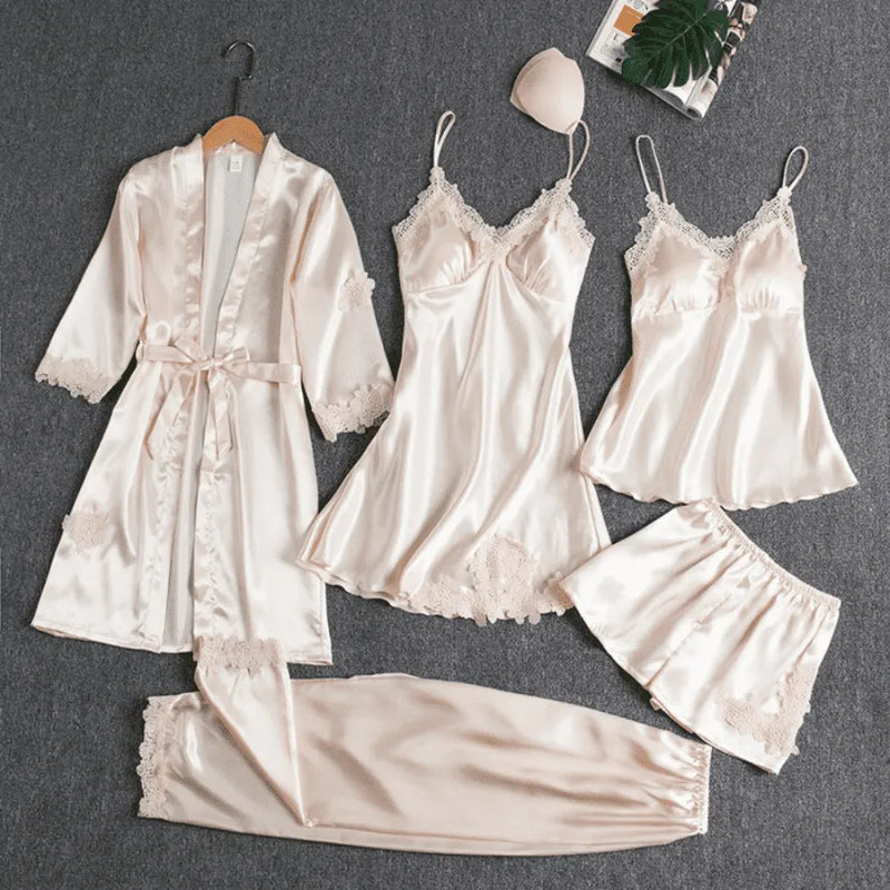 Conjunto 5 Peças Pijama Feminino Monroe Com Camisola, Baby Doll, Shorts, Calça e Roupão Em Seda Gelo Premium | Toque De Seda Confortável