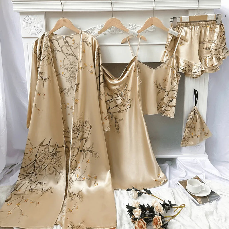 Conjunto 4 Peças Pijama Feminino Velvet Camisola, Camiseta, Shorts e Roupão Em Seda Gelo Premium | Toque De Seda Confortável + Bolsinha de Brinde