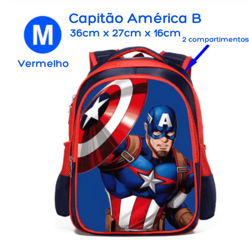 Mochila Escolar Infantil com 3 Compartimentos à Prova D'água Vingadores Heróis