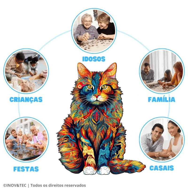 Quebra-Cabeça de Madeira Inova WOOD PUZZLE - Gato Aquarela | Diversão com Diversos Benefícios para Crianças e Idosos