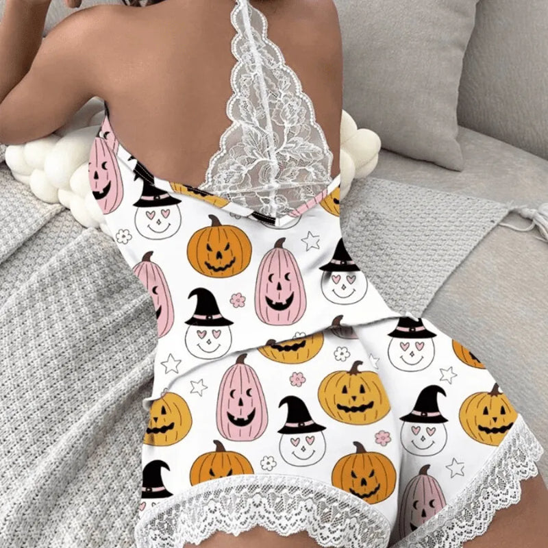 Pijama Feminino Crochet - Conjunto Baby Doll e Shorts Em Algodão Com Detalhes Em Renda