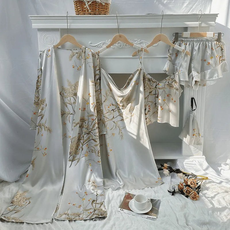 Conjunto 4 Peças Pijama Feminino Velvet Camisola, Camiseta, Shorts e Roupão Em Seda Gelo Premium | Toque De Seda Confortável + Bolsinha de Brinde