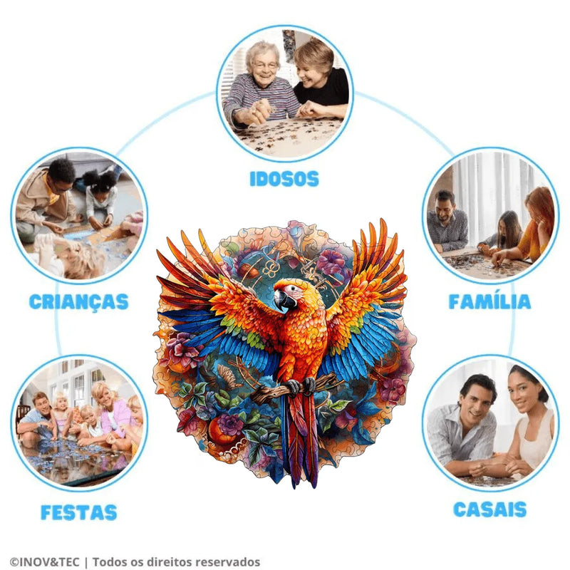 Quebra-Cabeça de Madeira Inova WOOD PUZZLE - Arara Vermelha | Diversão com Diversos Benefícios para Crianças e Idosos