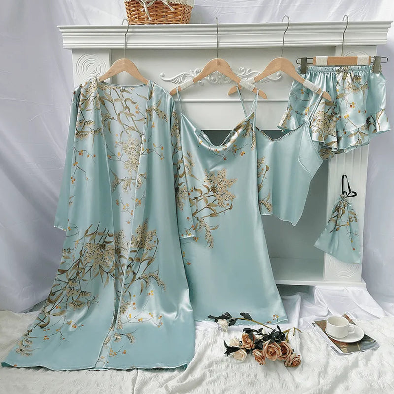 Conjunto 4 Peças Pijama Feminino Velvet Camisola, Camiseta, Shorts e Roupão Em Seda Gelo Premium | Toque De Seda Confortável + Bolsinha de Brinde