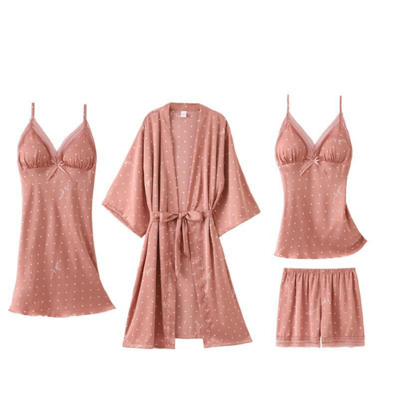 Pijama Feminino SleepWear - Conjunto 5 Peças, Roupão, Camisola, Calça, Shorts e BabyDoll em Seda Cetim | Toque de Seda Super Confortável