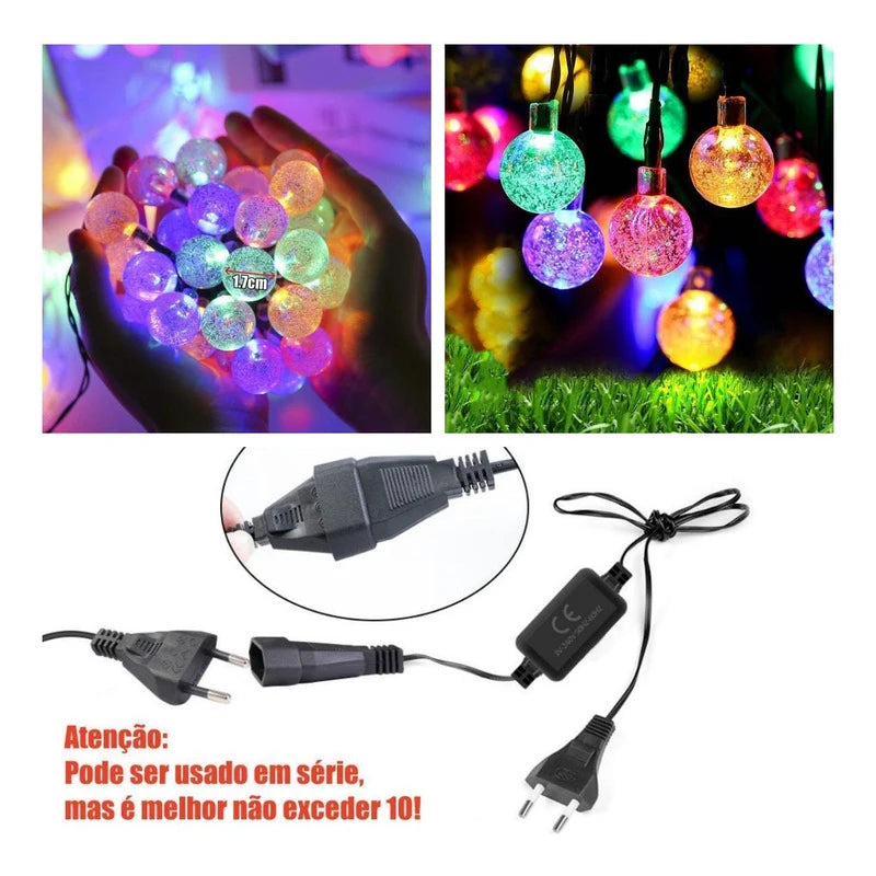 Guirlanda de Luzes LED 10m com 40 Bolas de Cristal Festiva