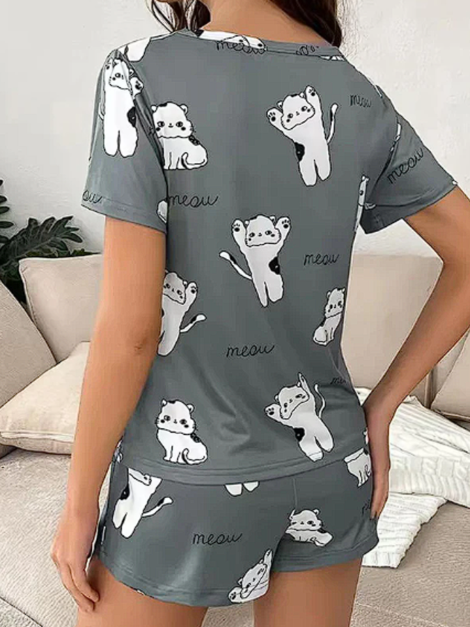 Pijama Feminino Cute Cats - Conjunto Top Cropped e Shorts Fresquinho LooseFit | Tecido Super Macio e Confortável