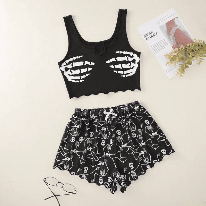 Pijama Feminino Esqueleto - Conjunto Top Cropped e Shorts Fresquinho LooseFit | Tecido Super Macio e Confortável