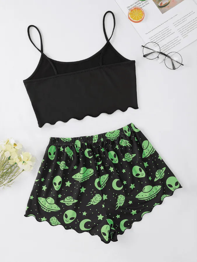 Pijama Feminino Aliens - Conjunto Top Cropped e Shorts Fresquinho LooseFit | Tecido Super Macio e Confortável