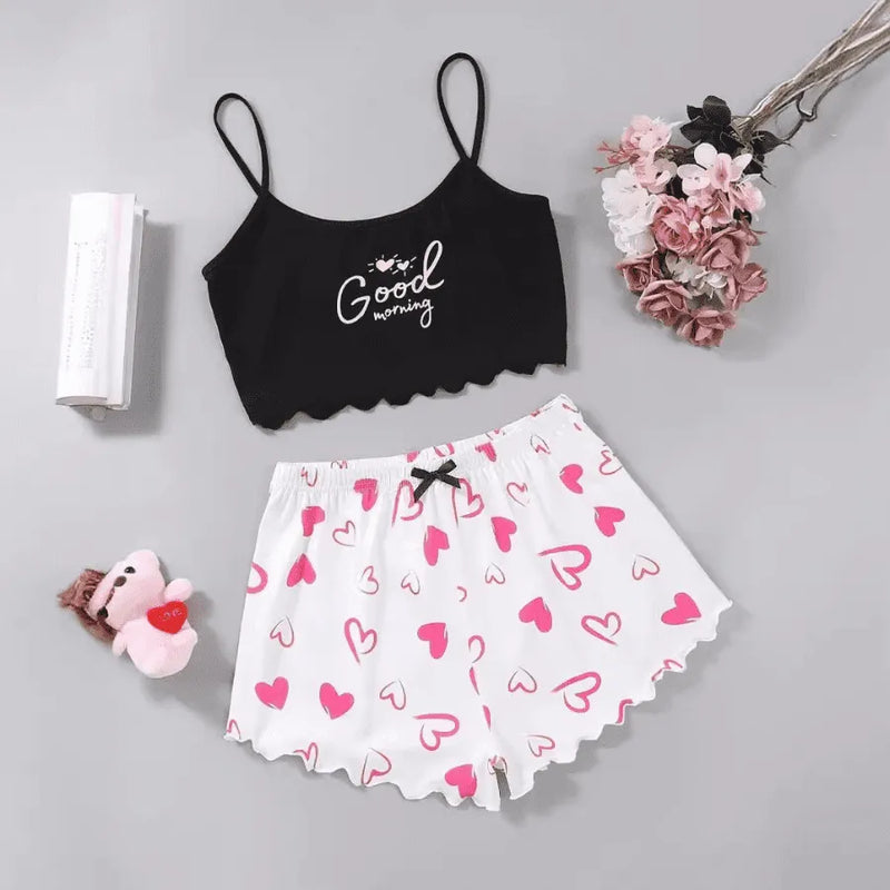 Pijama Feminino Good Morning Coração - Conjunto Top Cropped e Shorts Fresquinho LooseFit | Tecido Super Macio e Confortável
