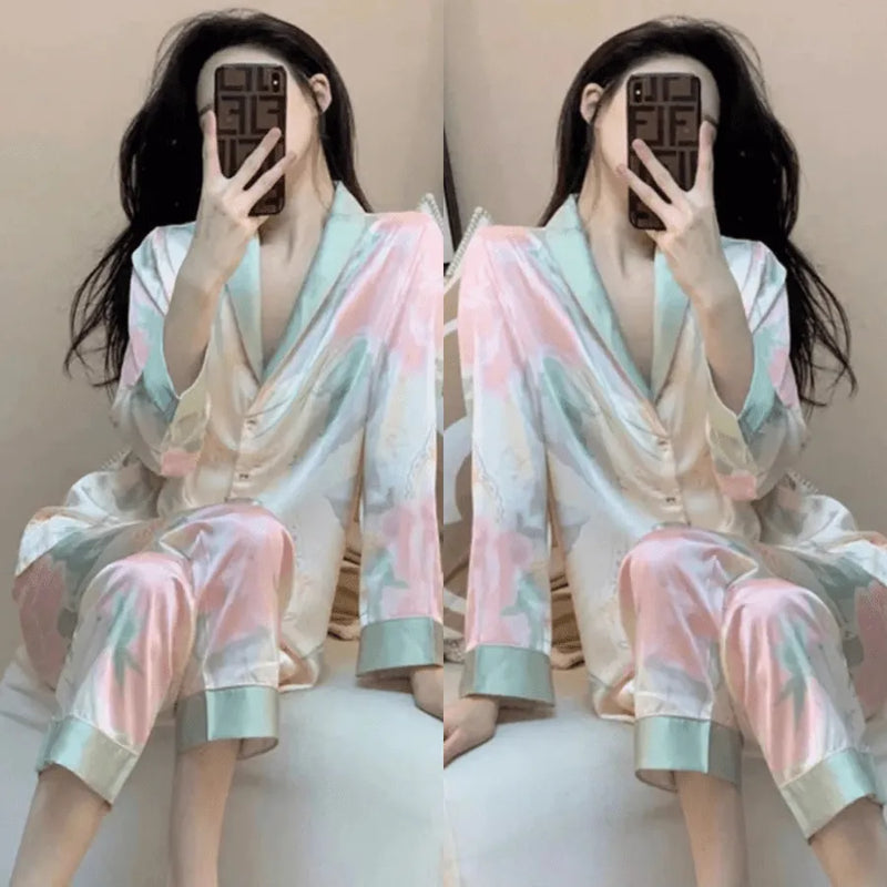 Pijama Feminino Abstract - Conjunto Calça e Camisa Longa Em Seda Gelo Premium | Toque De Seda Super Confortável