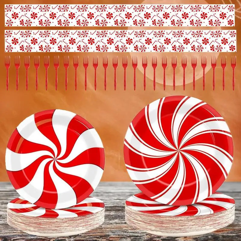 Kit com 96 Louças Natalinas Descartáveis Pratos de Jantar e Sobremesa com Guardanapos e Garfos Vermelho e Branco