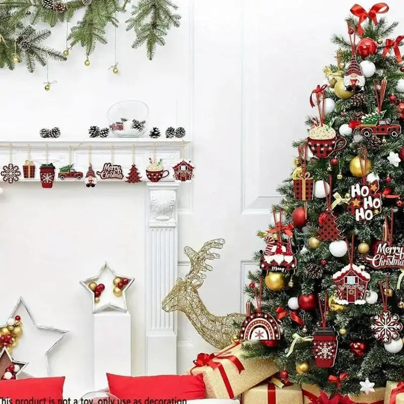 Kit com 24 Enfeites Natalinos Retrô de Madeira para Árvore de Natal