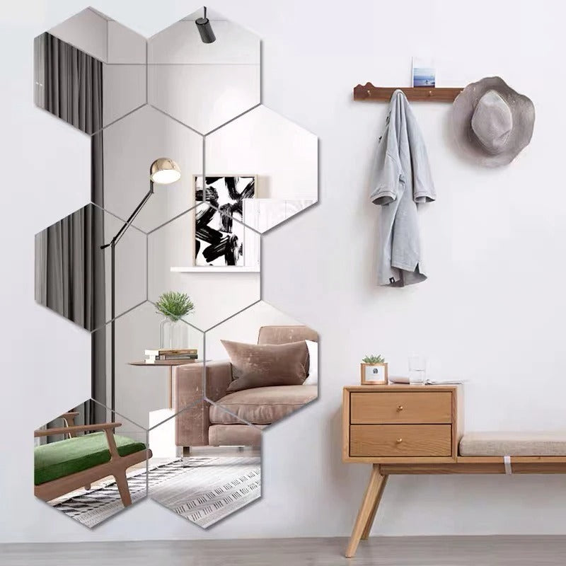 Kit com 12 Espelhos 3D Hexágonos Auto-Adesivos