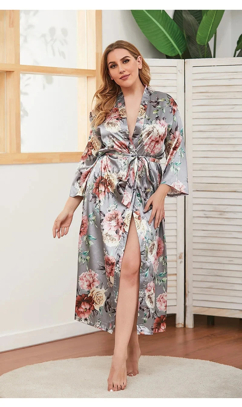 Pijama Feminino CozyChic Roupão Quimono Plus Size Em Cetim Premium Com Decote V | Toque De Seda Confortável