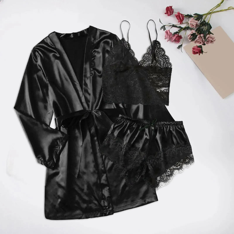 Pijama Feminino LadySexy Conjunto Com Top De Renda, MiniShorts De Renda e Roupão Em Cetim Seda Premium | Sensualidade e Conforto