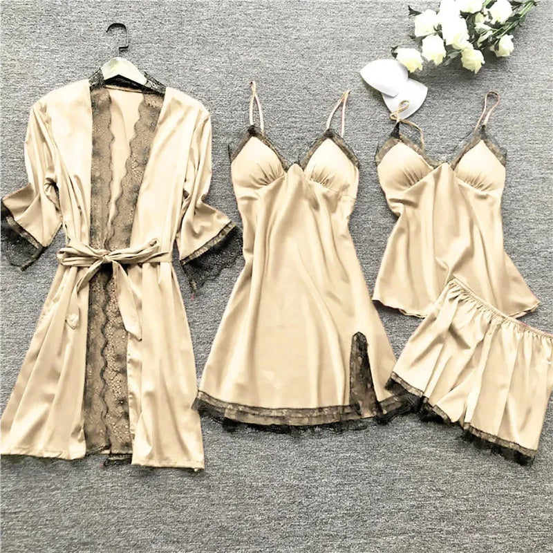 Conjunto 4 Peças Pijama Feminino Velvet Camisola, Baby Doll, Shorts e Roupão Em Seda Gelo Premium | Toque De Seda Confortável