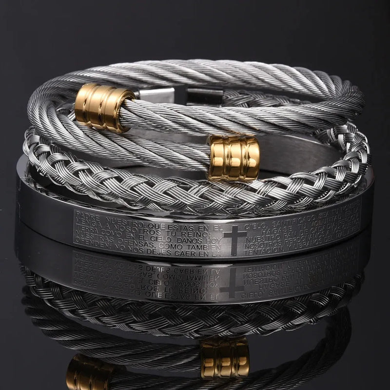 Kit 3 Pulseiras CRUZ - Joia em Aço Inoxidável Banhada em Ouro e Prata