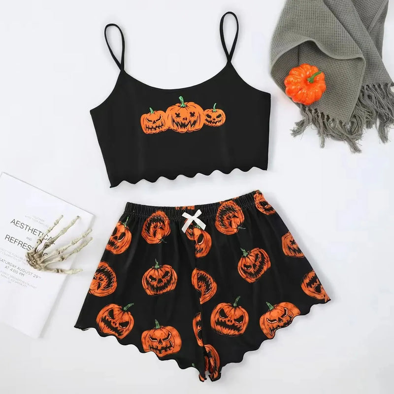Pijama Feminino Haloween - Conjunto Top Cropped e Shorts Fresquinho LooseFit | Tecido Super Macio e Confortável