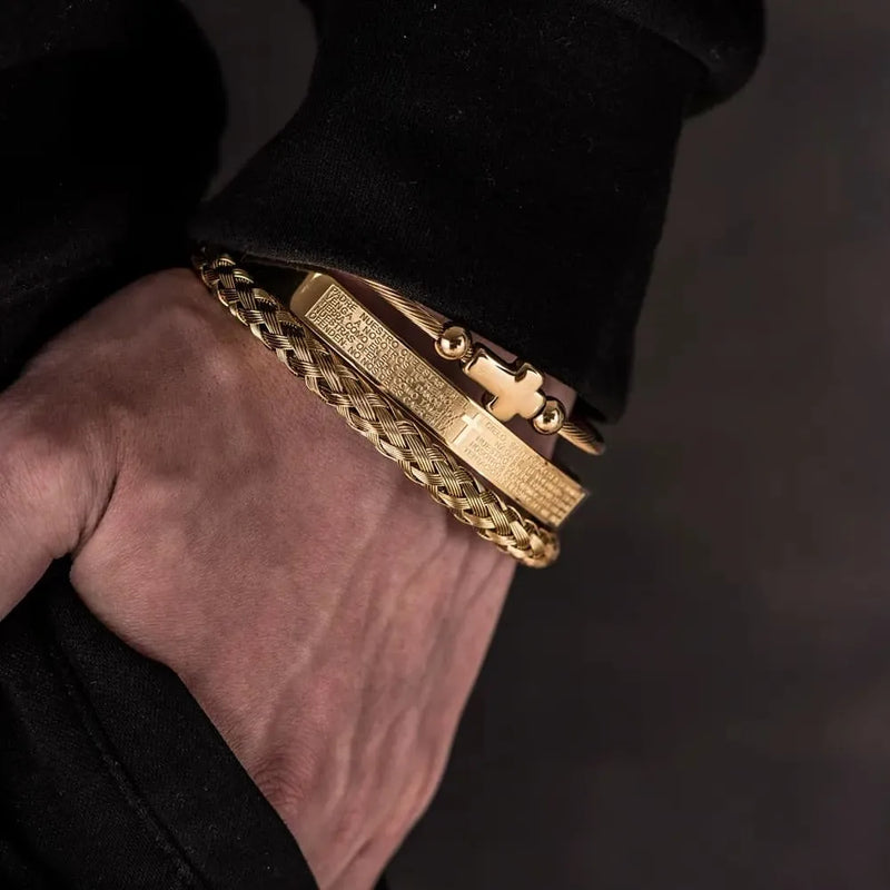 Kit 3 Pulseiras CRUZ - Joia em Aço Inoxidável Banhada em Ouro e Prata