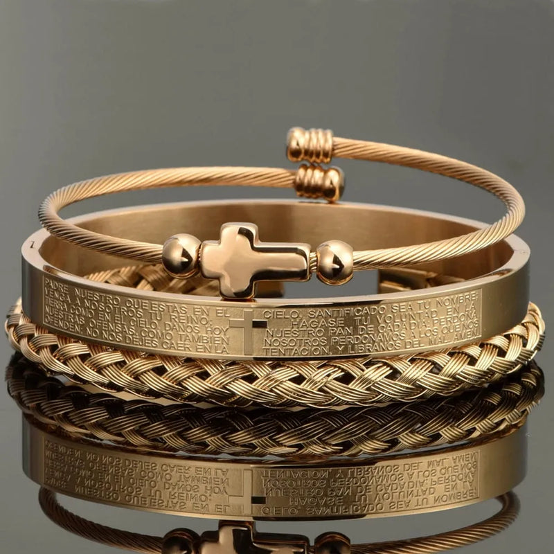 Kit 3 Pulseiras CRUZ - Joia em Aço Inoxidável Banhada em Ouro e Prata