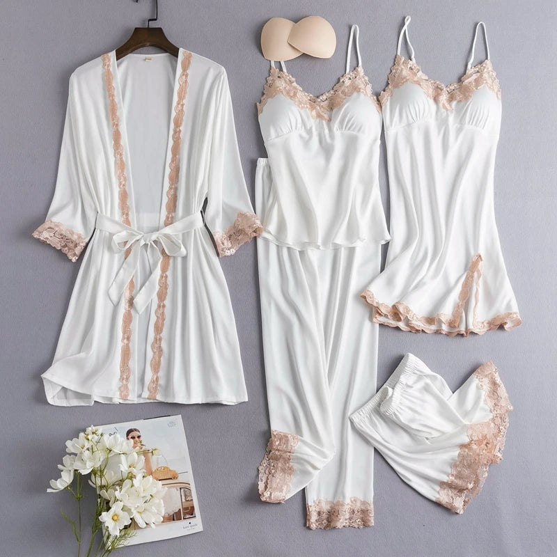Conjunto 5 Peças Pijama Feminino Madamme Com Camisola, Baby Doll, Shorts, Calça e Roupão Em Seda Gelo Premium | Toque De Seda Confortável