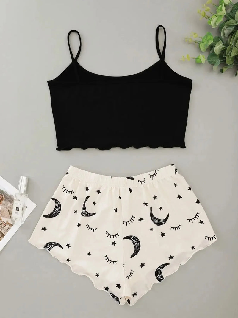 Pijama Feminino SweetMoon - Conjunto Top Cropped e Shorts Fresquinho LooseFit | Tecido Super Macio e Confortável