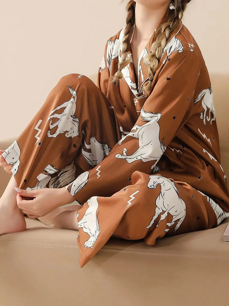 Pijama Feminino Jóquei - Conjunto Luxo Calça e Camisa Longa Em Cetim Seda Gelo Premium | Toque De Seda Super Confortável