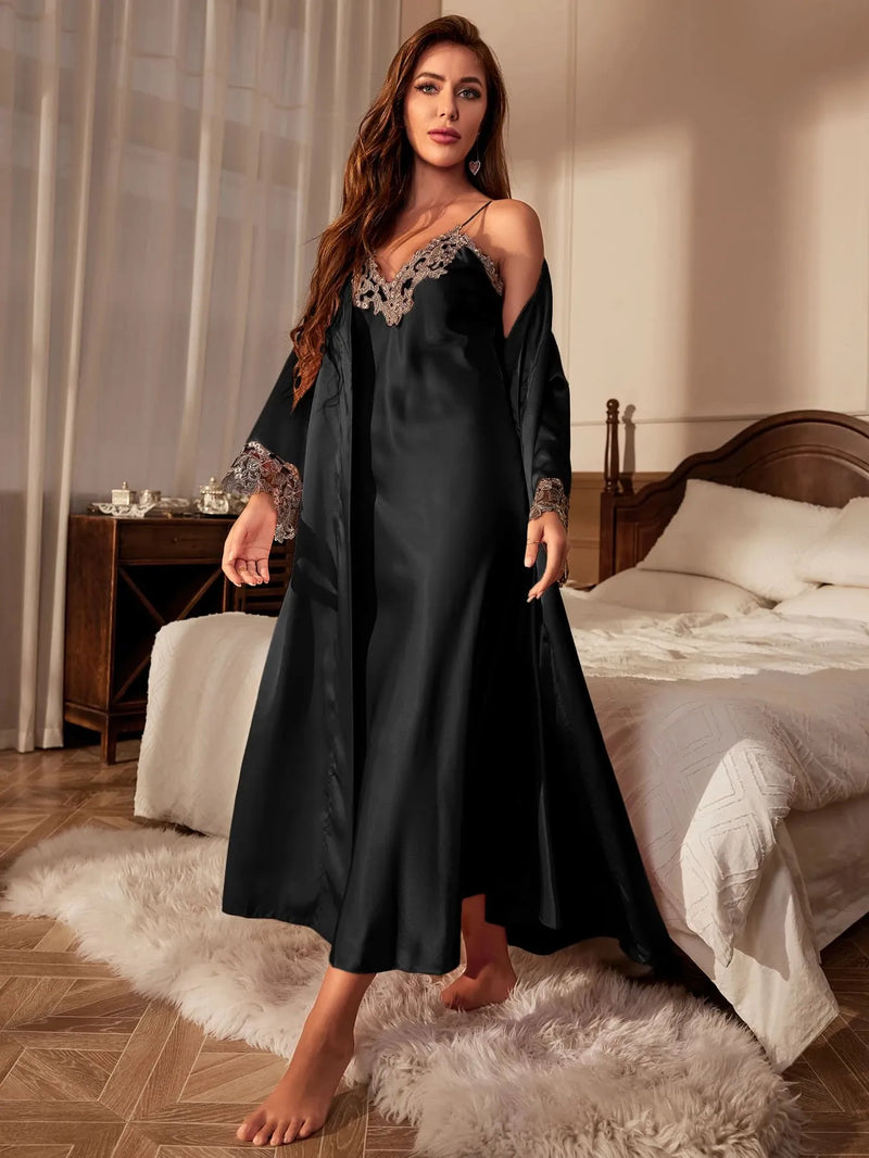 Pijama Feminino Queen Conjunto Camisola Longa e Roupão Com Renda Em Cetim Seda Premium | Toque De Seda Confortável