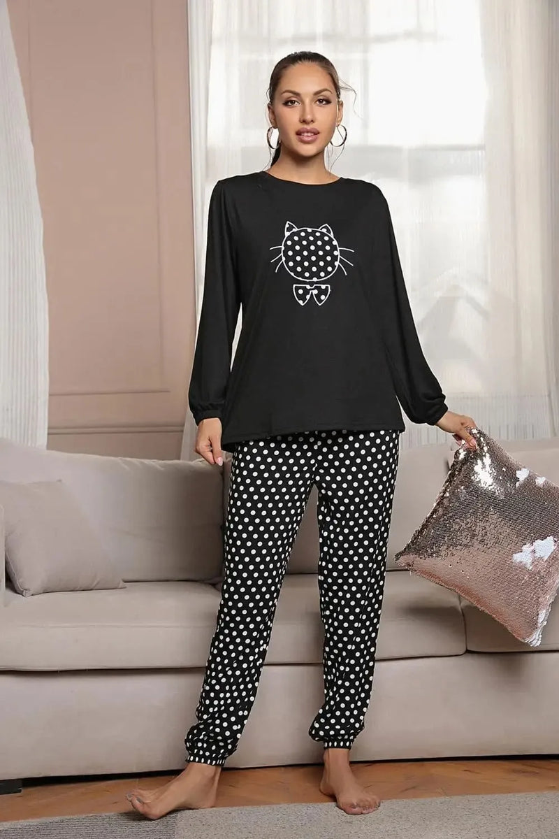 Pijama Feminino Cute Cat Conjunto Com Calça e Camisa Longa | Tecido Leve e Confortável