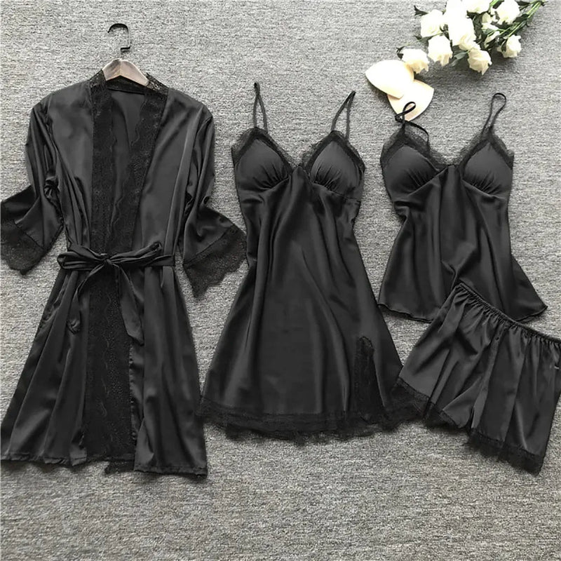 Conjunto 4 Peças Pijama Feminino Velvet Camisola, Baby Doll, Shorts e Roupão Em Seda Gelo Premium | Toque De Seda Confortável