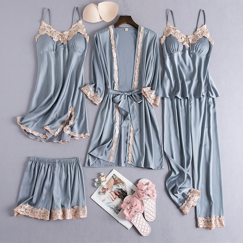 Conjunto 5 Peças Pijama Feminino Madamme Com Camisola, Baby Doll, Shorts, Calça e Roupão Em Seda Gelo Premium | Toque De Seda Confortável