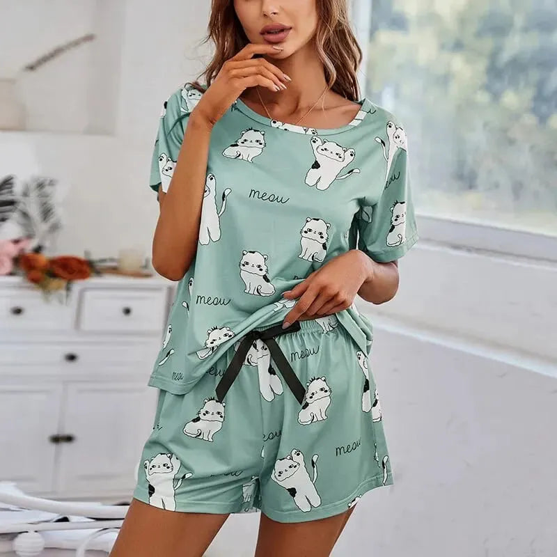 Pijama Feminino Meau - Conjunto Camiseta e Shorts Fresquinho LooseFit | Tecido Super Macio, Elástico e Confortável