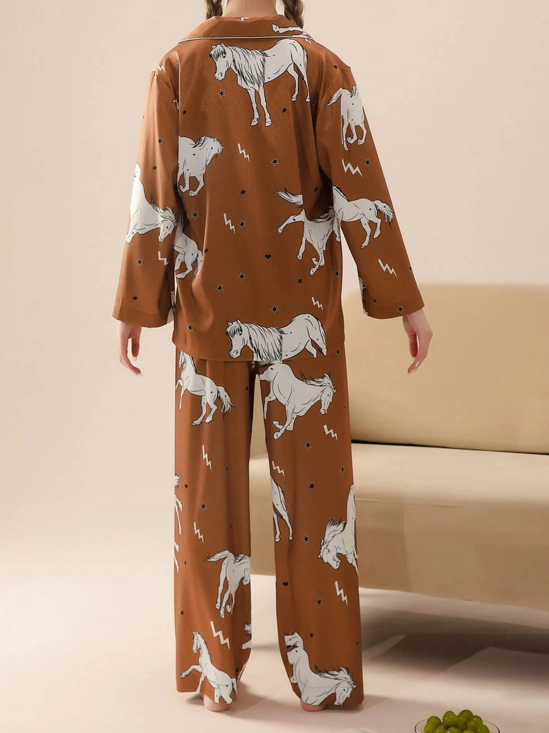 Pijama Feminino Jóquei - Conjunto Luxo Calça e Camisa Longa Em Cetim Seda Gelo Premium | Toque De Seda Super Confortável