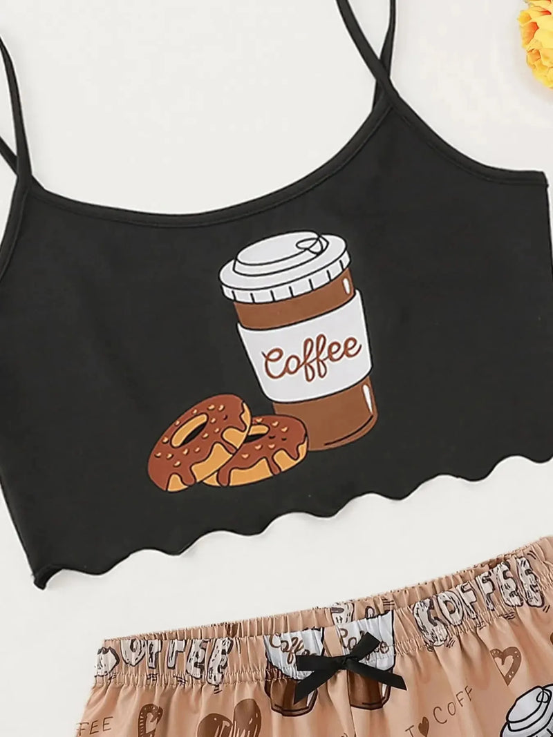 Pijama Feminino LoveCofee - Conjunto Top Cropped e Shorts Fresquinho LooseFit | Tecido Super Macio e Confortável