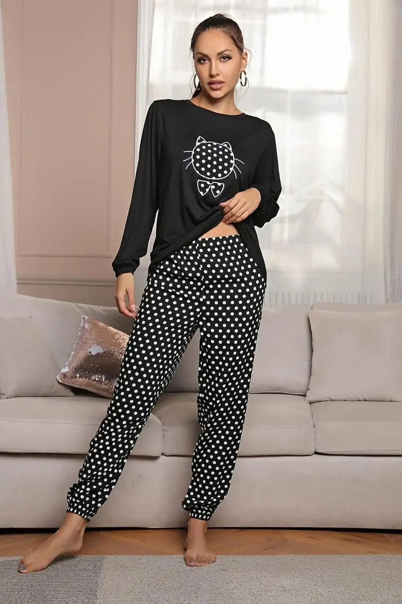Pijama Feminino Cute Cat Conjunto Com Calça e Camisa Longa | Tecido Leve e Confortável