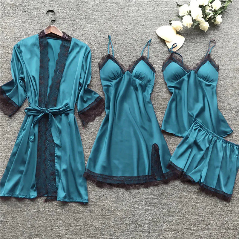 Conjunto 4 Peças Pijama Feminino Velvet Camisola, Baby Doll, Shorts e Roupão Em Seda Gelo Premium | Toque De Seda Confortável