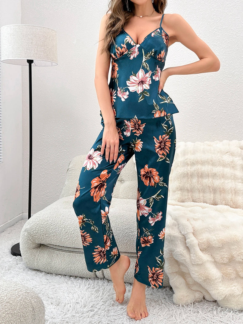 Pijama Feminino Flowers - Conjunto Calça e Camisa Em Seda Gelo Premium | Toque De Seda Super Confortável