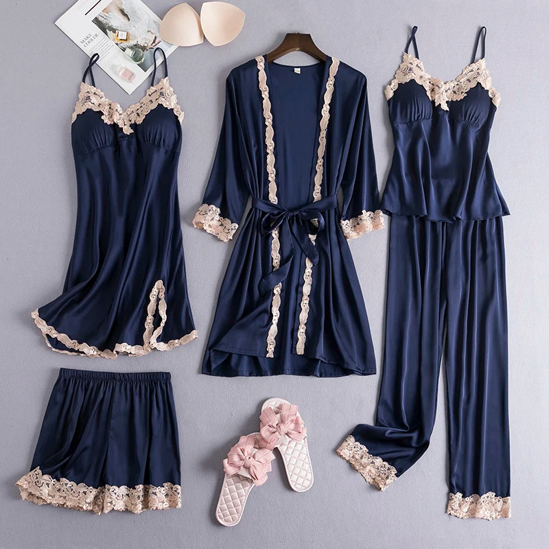 Conjunto 5 Peças Pijama Feminino Madamme Com Camisola, Baby Doll, Shorts, Calça e Roupão Em Seda Gelo Premium | Toque De Seda Confortável
