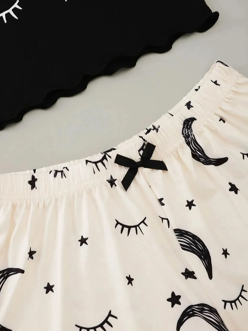 Pijama Feminino SweetMoon - Conjunto Top Cropped e Shorts Fresquinho LooseFit | Tecido Super Macio e Confortável