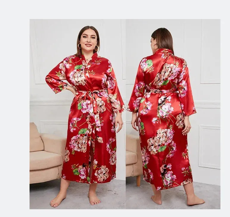 Pijama Feminino CozyChic Roupão Quimono Plus Size Em Cetim Premium Com Decote V | Toque De Seda Confortável