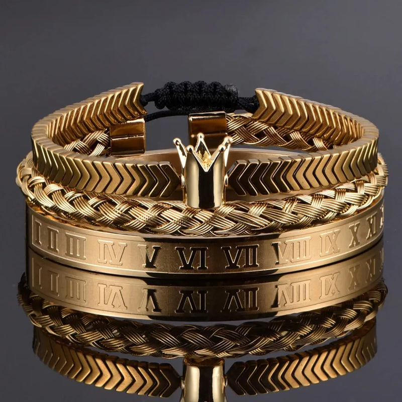 Kit 3 Pulseiras KING CROWN - Joia em Aço Inoxidável Banhada em Ouro e Prata