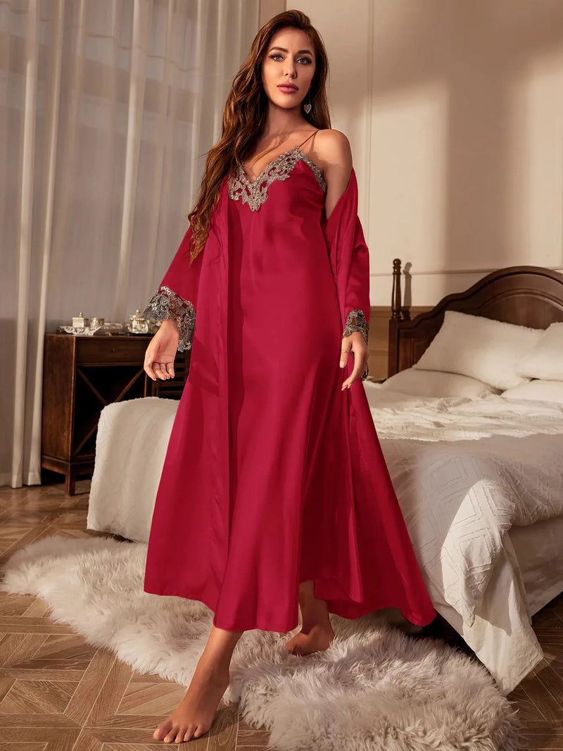 Pijama Feminino Queen Conjunto Camisola Longa e Roupão Com Renda Em Cetim Seda Premium | Toque De Seda Confortável