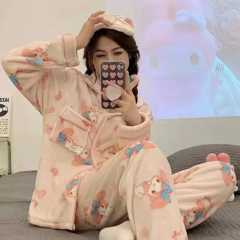 Pijama Feminino de Pelúcia Kitty Conjunto Com Moletom e Calça De Pelúcia Plush | Quentinho, Macio e Super Confortável