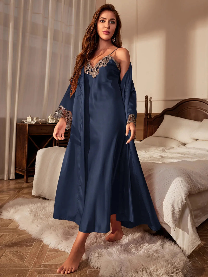 Pijama Feminino Queen Conjunto Camisola Longa e Roupão Com Renda Em Cetim Seda Premium | Toque De Seda Confortável