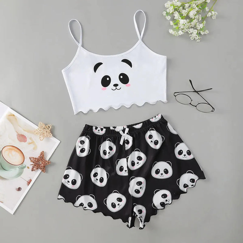 Pijama Feminino Panda - Conjunto Top Cropped e Shorts Fresquinho LooseFit | Tecido Super Macio e Confortável