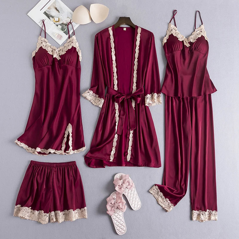 Conjunto 5 Peças Pijama Feminino Madamme Com Camisola, Baby Doll, Shorts, Calça e Roupão Em Seda Gelo Premium | Toque De Seda Confortável